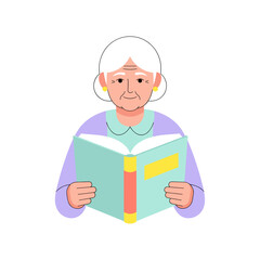 Elderly woman reading a book with calm expression indoors  