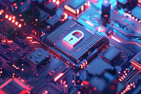 Cyberbezpieczeństwo i ochrona danych &ndash; zamknięta kł&oacute;dka na procesorze jako symbol bezpieczeństwa technologii i sieci