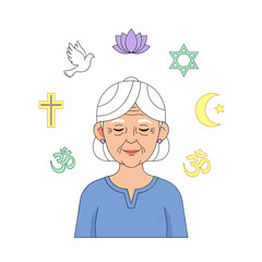 Elderly woman meditating with spiritual symbols around her  