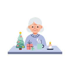 Senior woman smiling at Christmas table with gifts and tree  