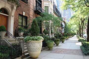 Gold Coast Chicago: Old Homes with Large Potted Plant and Sidewalk. Urban Greenery in Historic Neighborhood