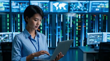 Asian IT specialist in a blue shirt using a laptop in a blue-lit control room with multiple data screens - Powered by Adobe