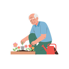 Elderly man gardening and planting flowers with watering can nearby  