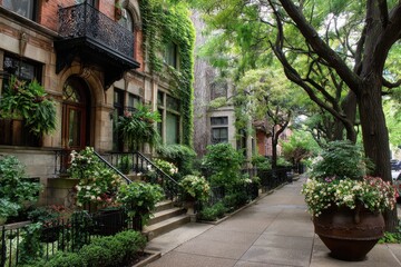 Fototapeta premium Gold Coast Chicago. Potted Plant and Sidewalk by Old Homes in Garden Setting