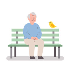 Elderly man sitting on a bench with a yellow bird beside him  