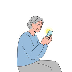 Elderly woman smiling while using smartphone indoors in casual attire  