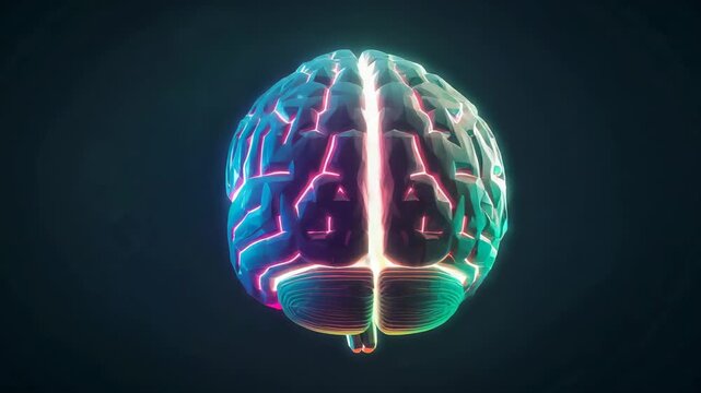 After three seconds neon glowing 3D brain model rotating in gradient backdrop revealing cerebellum