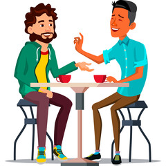 Two Men Sit At A Cafe Table Enjoying Coffee Conversation And Laughter In An Outdoor Setting With A Transparent Background
