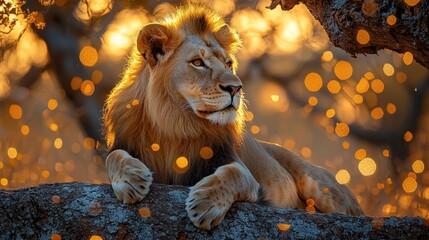 Majestic Lion Resting on a Tree Branch at Golden Hour