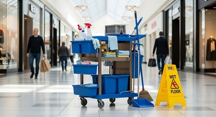 Professional Cleaning Cart and Wet Floor Sign in a Modern Shopping Mall Aisle, Highlighting Retail Maintenance and Safety Protocols