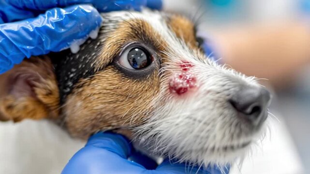 Dog skin infection, canine hot spot, dermatitis, eczema, allergy, or wound healing issue on golden retriever fur. Veterinary care, pet health problem, itchy skin, redness or hair loss. Vet examining