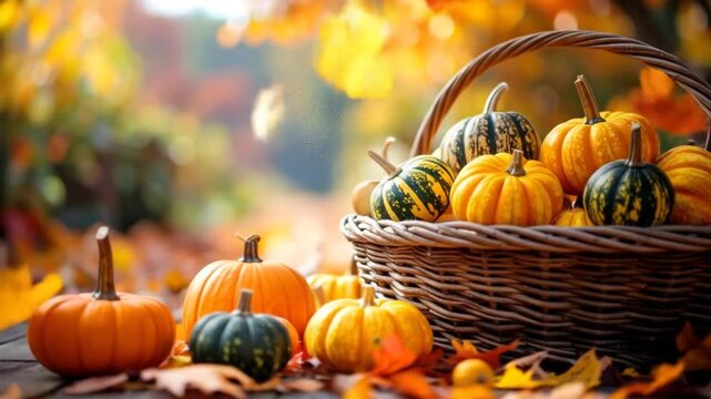 Close-up of a basket filled with pumpkins of various shapes and colors surrounded by foliage