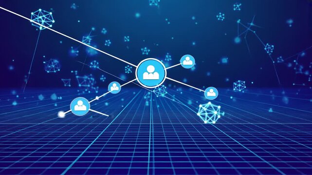 Receding cyberspace grid showing central network icon linking satellite icons expanding network