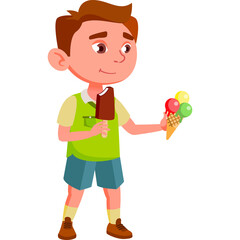 Smiling Young Boy In A Green Polo Shirt And Blue Shorts Holding A Chocolate Ice Cream Bar And A Colorful Ice Cream Cone With Red Yellow And Green Scoops On A Transparent Background