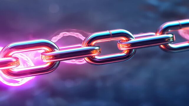 Emerging magenta orb forming rings around chrome links in digital environment, with electric arcs - Powered by Adobe