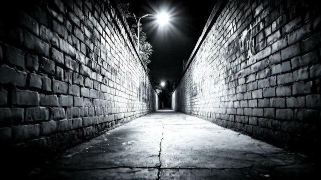 Dark alleyway illuminated by a single street light at night.