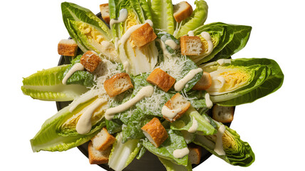 Fresh caesar salad with romaine lettuce croutons parmesan cheese and creamy dressing on transparent background