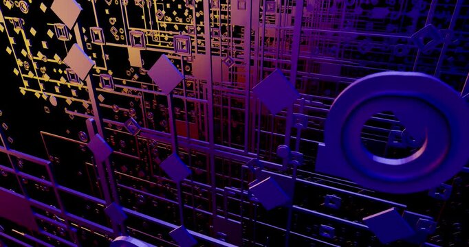 A colorful image of squares and circles forming futuristic structures similar to circuits arranged in parallel. The squares and circles are arranged in a way that creates a sense of energy. 3D loop an