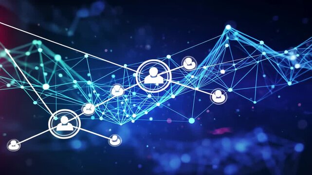 Fading central user icon initiating data network growth in digital mesh, connecting secondary icons