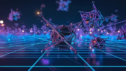 Sequence progressing dollying camera above neon grid showing rotating polyhedron with spheres - Powered by Adobe