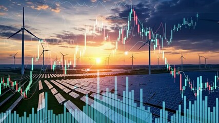 Composite image: Wind turbines and solar panels at sunset, overlaid with financial stock charts - Powered by Adobe