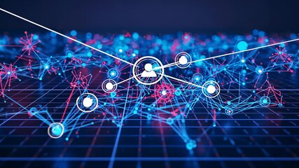 Building white central avatar node on neon grid plane, linking six nodes to connect users - Powered by Adobe
