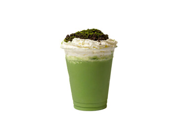 Matcha oreo smoothie with whipped cream topping isolated on white background, delicious green tea blended drink with creamy texture.