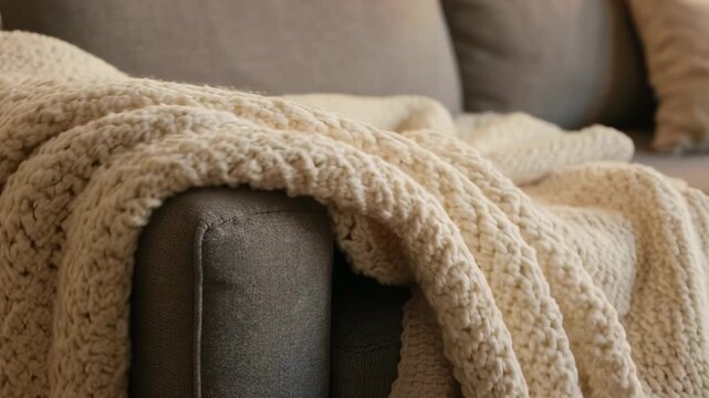 Cozy Off White Knitted Blanket Draped Over A Gray Sofa With Soft Lighting