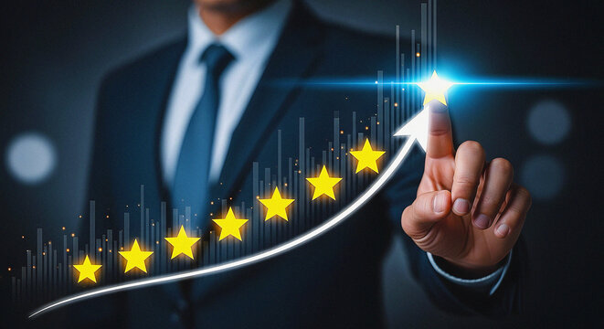 Businessman Touching a Glowing Star on a Chart Showing Exceeding Expectations and Excellent Rating, A Conceptual Image for Customer Satisfaction, Quality Service, and Business Performance Growth