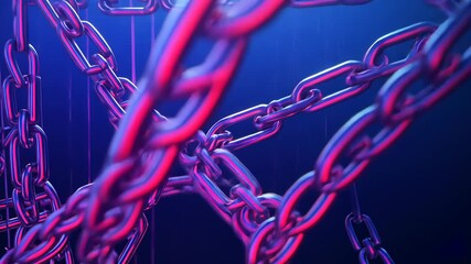 Red-blue light pulsing, chains shimmering, camera dollying and zooming into link in studio, wires - Powered by Adobe