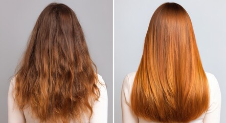 Hair Color Transformation. Woman before and after Professional Salon Styling. Damaged Hair Treatment and Coloring Process