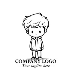 Black and White Chibi Boy Illustration with Jacket and Boots in Bold Thick Line Art Minimal Style

