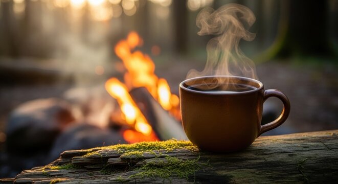 Steaming beverage mug on log, campfire ablaze in blurred forest backdrop - Powered by Adobe