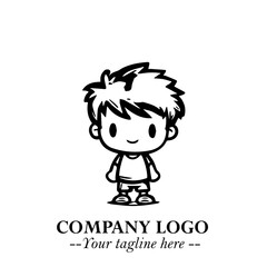 Black and White Chibi Boy Illustration with Jacket and Boots in Bold Thick Line Art Minimal Style
