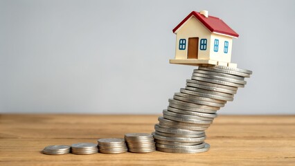 Rising home costs concept showcases miniature house balanced on stack of coins highlighting investment and savings for future real estate purchase