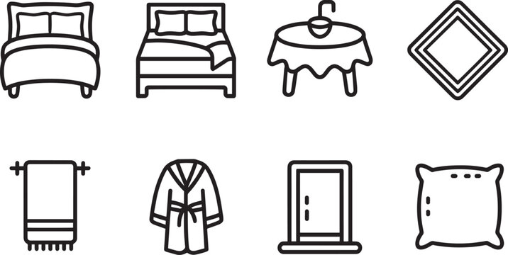 Home textile icons set Household linen items bedding bath kitchen black line art symbols