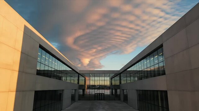 Minimalist concrete building at golden hour showcasing reflective glass facades and a mesmerizing sunset sky with unique textured clouds modern architectural