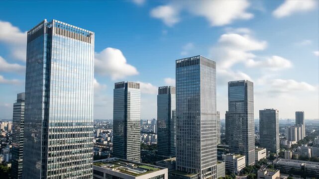 Stunning Aerial View of a Thriving Modern Metropolis Featuring Glass Skyscraper Architecture and Fast Moving Clouds Across a Bright Blue Sky Urban Landscape