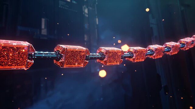 Camera starting panning along rod threading glowing red cubes in tunnel with drifting embers