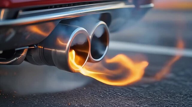 Close-Up Car Exhaust Backfire Flames at Race Start &ndash; High Performance Engine