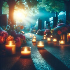 “Candles glowing at cemetery, evening silence, flowers on peaceful graves.”

