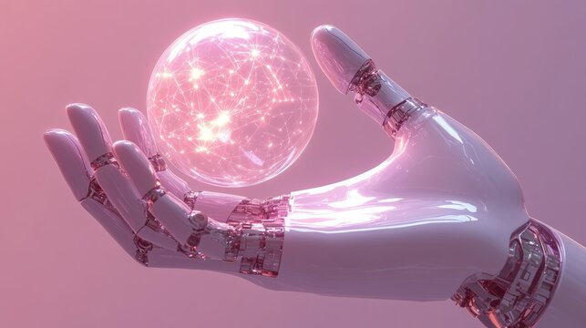 Modern robotic hand cradles a glowing sphere representing future technology and artificial intelligence in a digital realm