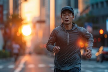 Runner enjoys evening exercise on a city street as the sun sets behind tall buildings creating a warm glow in the background