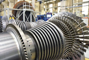 production of modern gas turbines in an industrial plant - closeup of the turbine made of steel