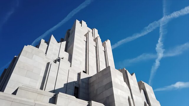 Striking Modern White Geometric Building Against Deep Blue Sky with Prominent Airplane Contrails Contemporary Urban Architecture and Abstract Design Upward View