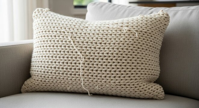 Cream-colored, large-knit pillow with a loose thread on a soft neutral couch