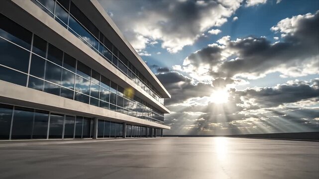 Stunning Modern Glass Building Architecture Under a Dramatic Sky with Sun Rays and Reflective Plaza Contemporary Office Structure with Beautiful Cloud Formation