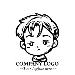 Black and White Chibi Boy Illustration with Jacket and Boots in Bold Thick Line Art Minimal Style
