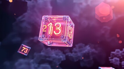 Drifting glowing cubes rotating around central cube displaying 213 in dark nebula, with neon cubes - Powered by Adobe