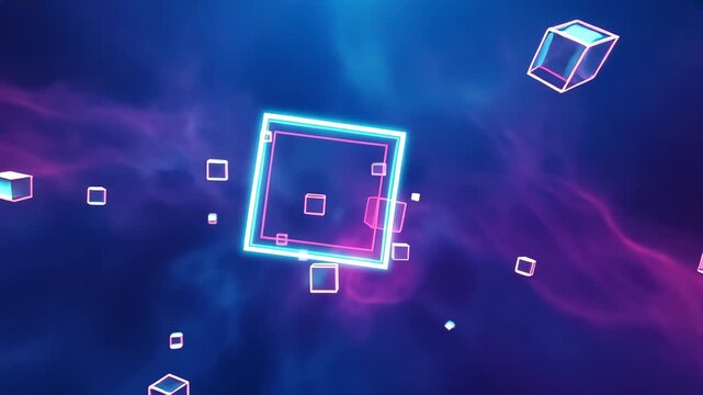 Opening revealing wireframe cubes orbiting rotating central cube in nebula, with cyan-magenta edges